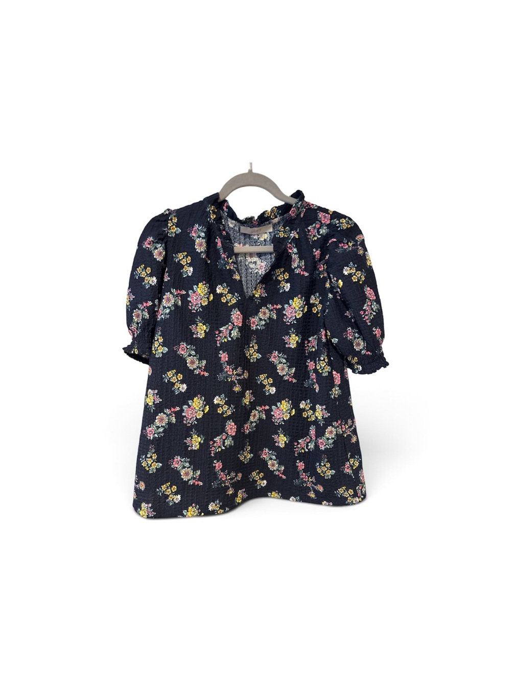 Loft Navy Floral Puff-Sleeve Top
